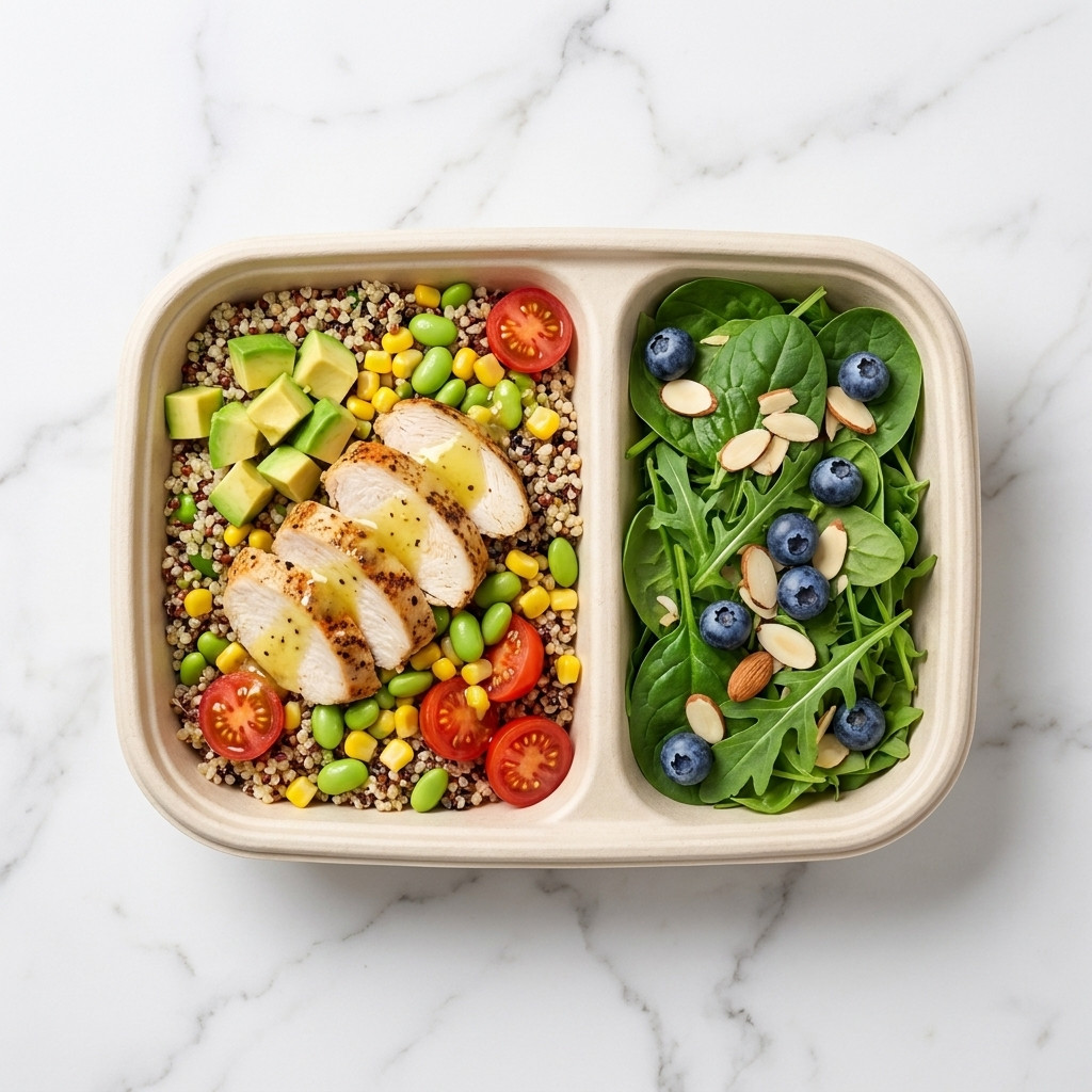 TPX-PP laminated molded fiber container with salad and grains, top view