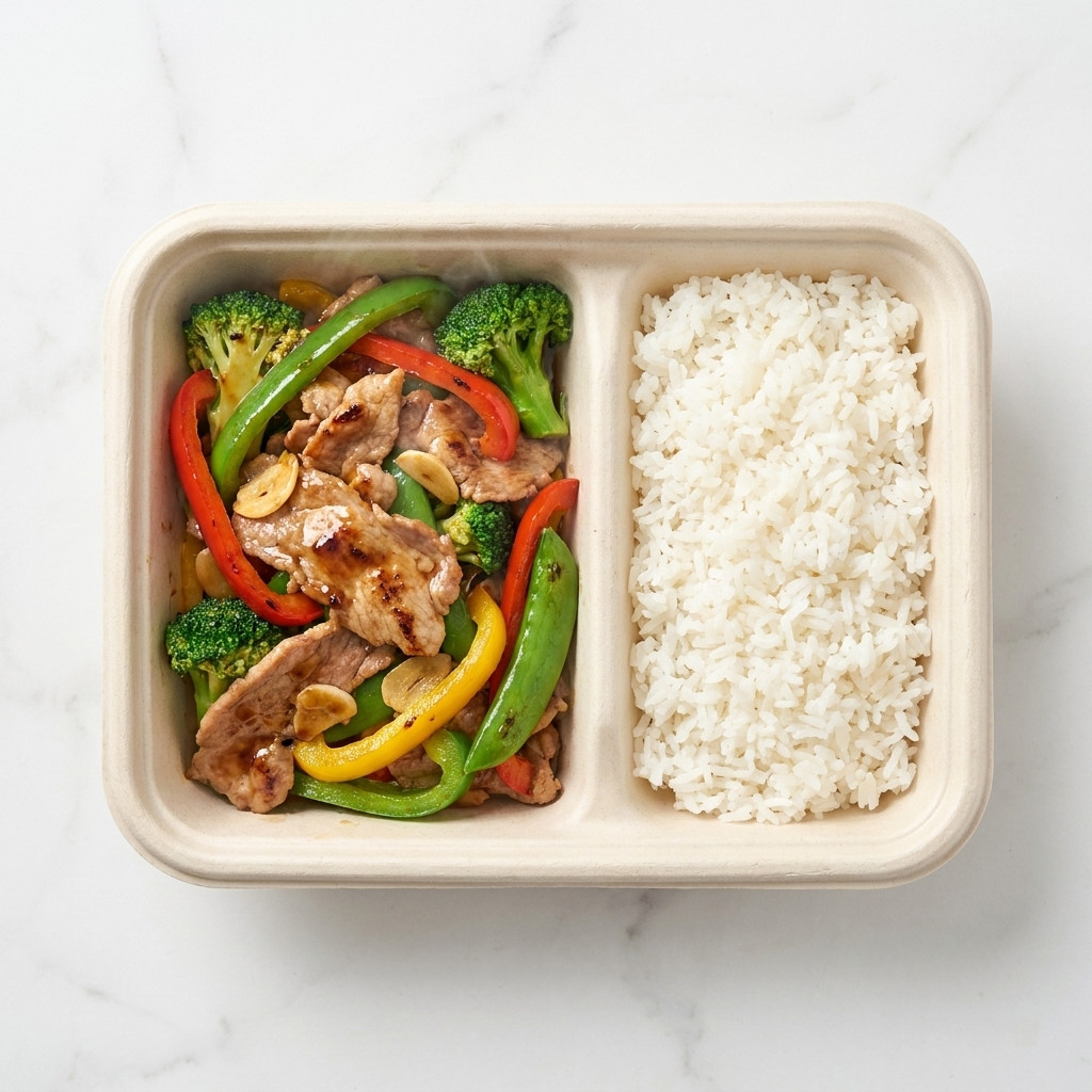 F4403 TPX-PP 貼合紙漿餐盒盛裝彩椒炒肉與白飯，俯視